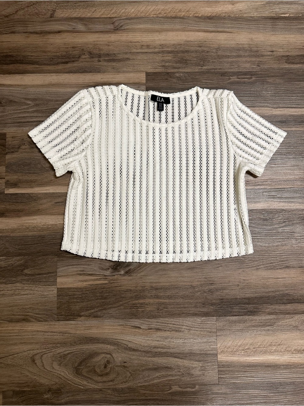 ELA White Open Knit Short Sleeve Crop Top